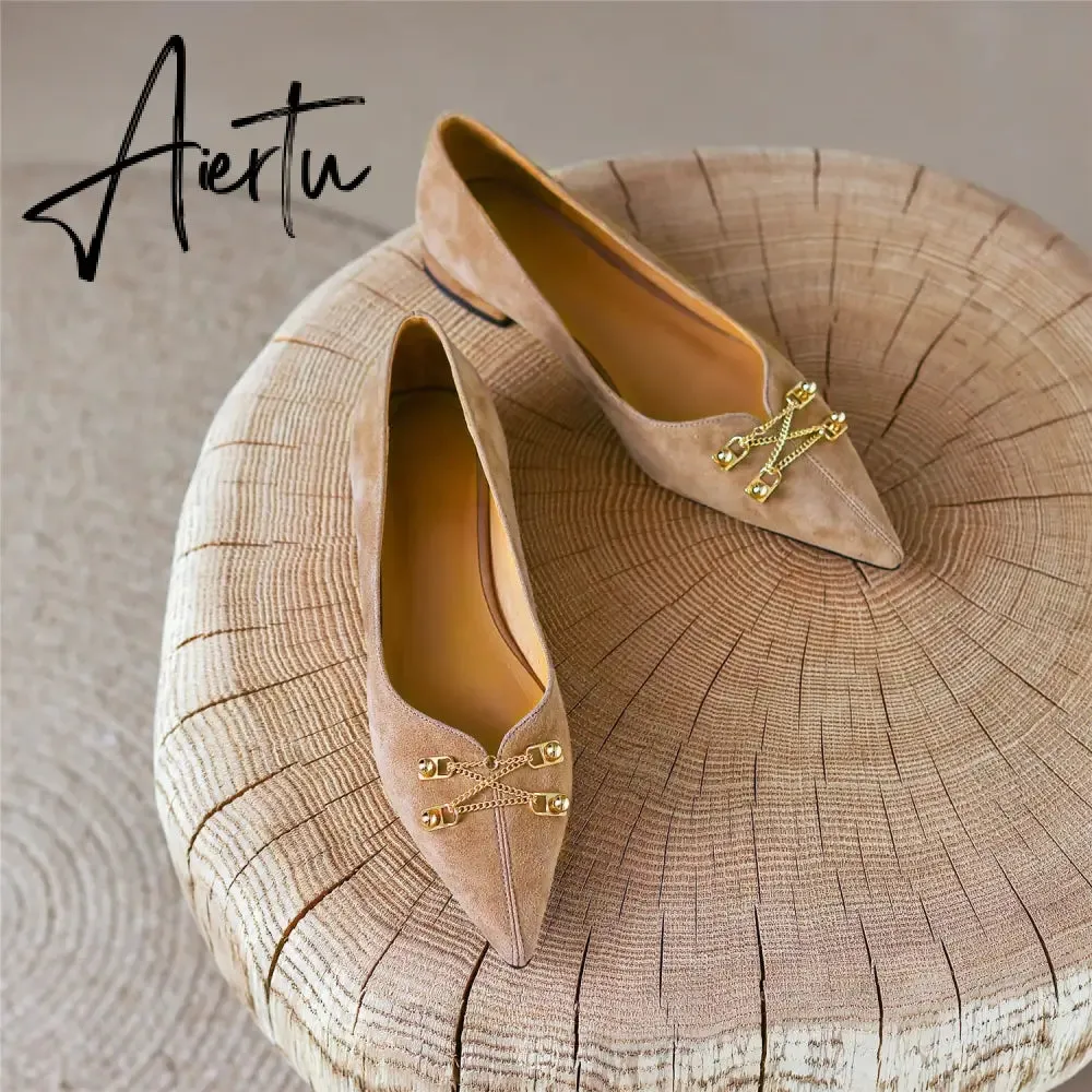 Black Loafer Shoes Women Spring Suede Sheepskin Low Heel Luxury Pumps for Ladies Metal Decoration Pointed Toe Handmade 42