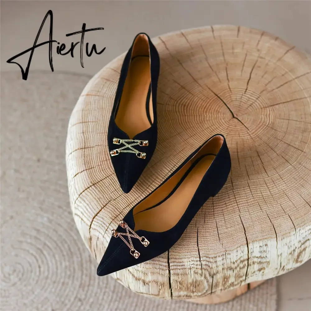 Black Loafer Shoes Women Spring Suede Sheepskin Low Heel Luxury Pumps for Ladies Metal Decoration Pointed Toe Handmade 42