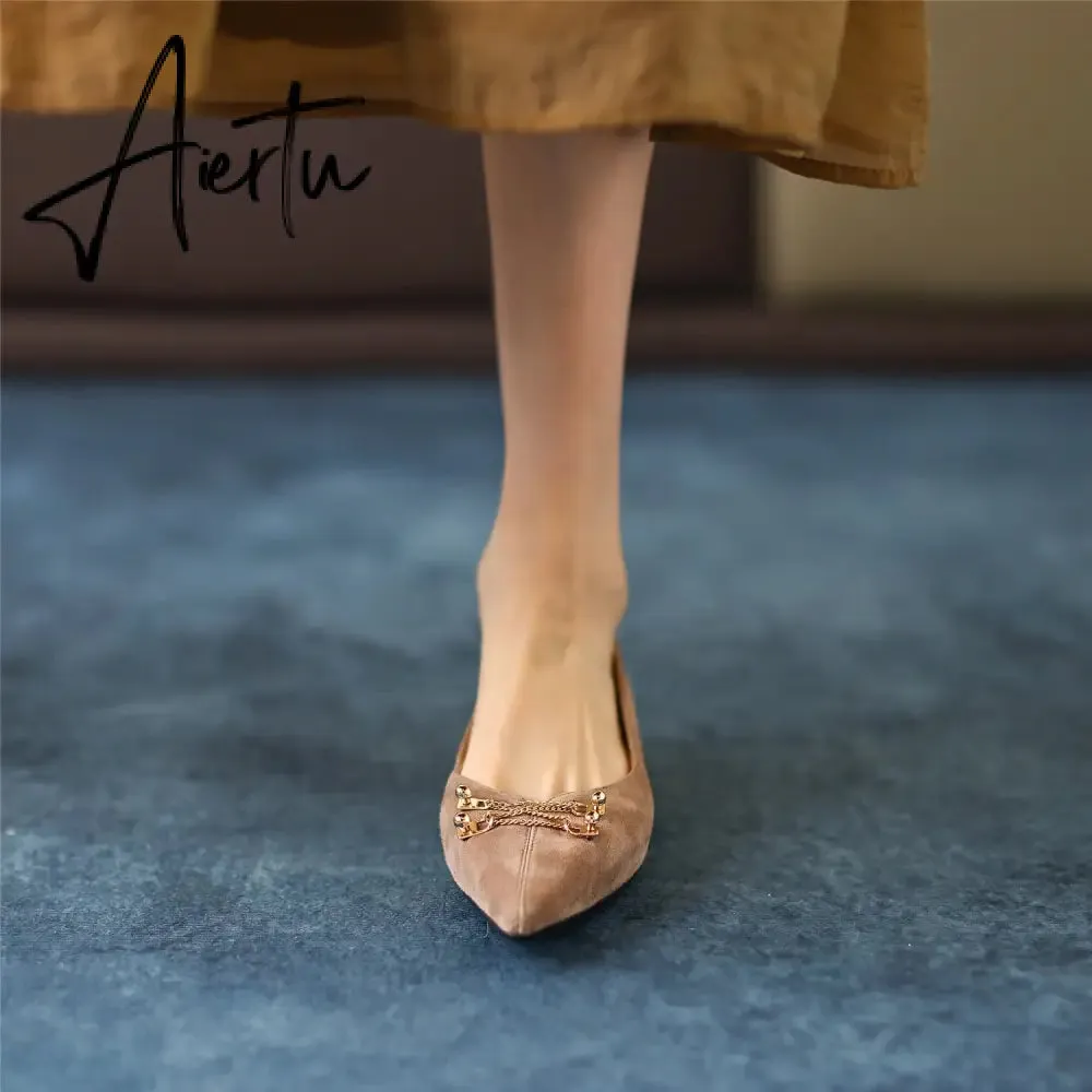 Black Loafer Shoes Women Spring Suede Sheepskin Low Heel Luxury Pumps for Ladies Metal Decoration Pointed Toe Handmade 42
