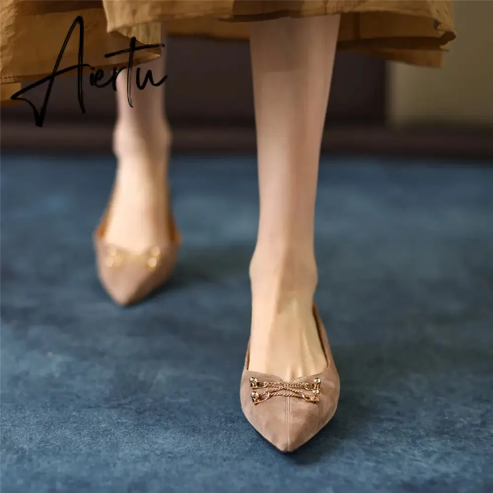 Black Loafer Shoes Women Spring Suede Sheepskin Low Heel Luxury Pumps for Ladies Metal Decoration Pointed Toe Handmade 42