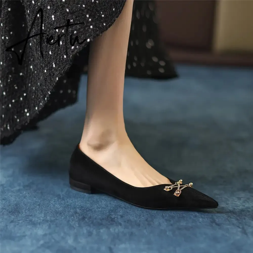 Black Loafer Shoes Women Spring Suede Sheepskin Low Heel Luxury Pumps for Ladies Metal Decoration Pointed Toe Handmade 42