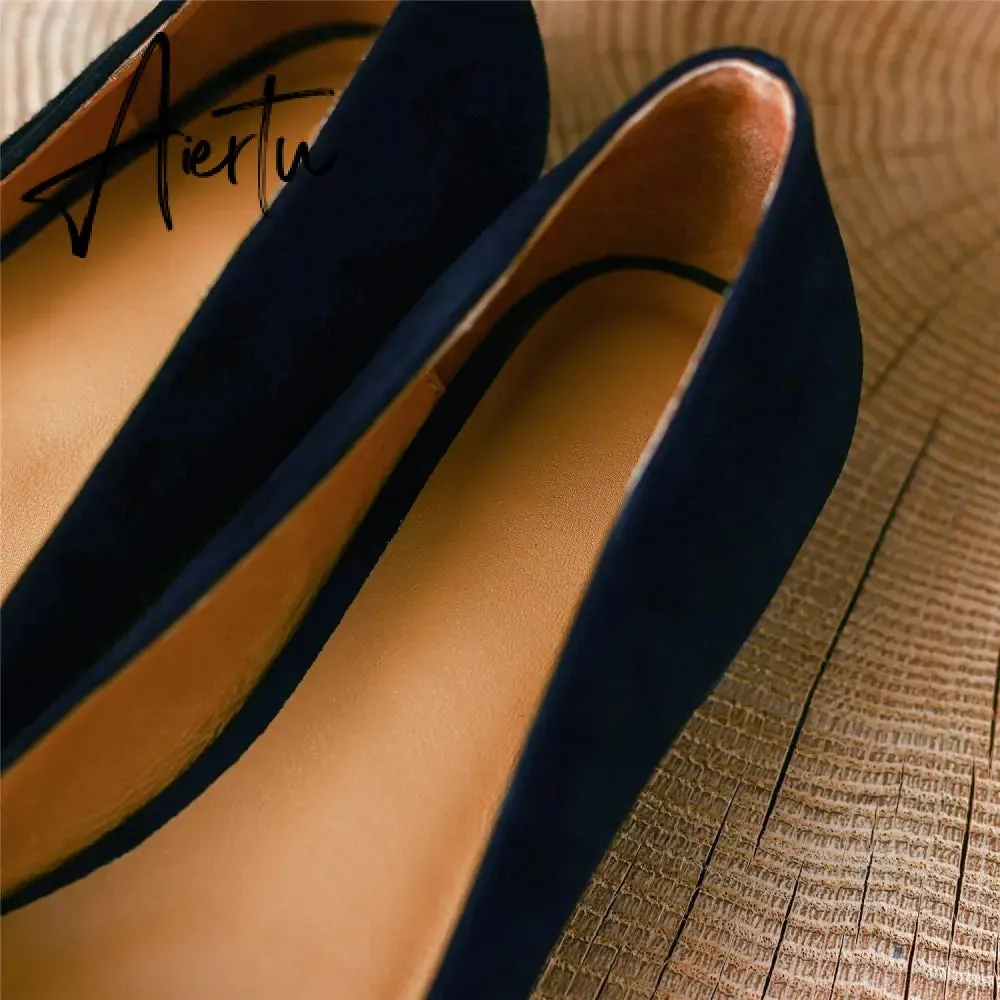 Black Loafer Shoes Women Spring Suede Sheepskin Low Heel Luxury Pumps for Ladies Metal Decoration Pointed Toe Handmade 42