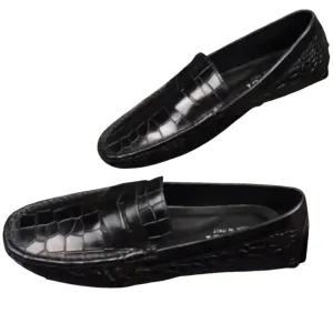 Black Texture Square Toe Leather Loafers Shoes For Men