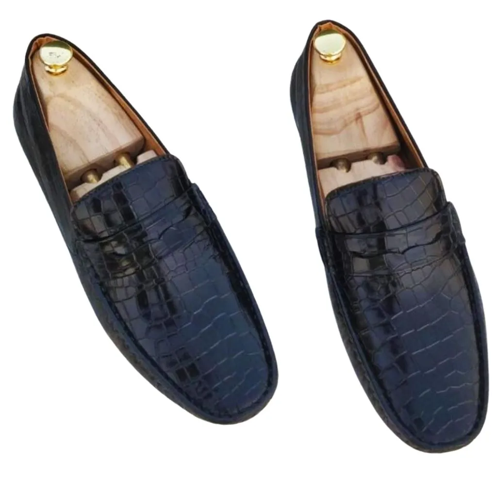 Black Texture Square Toe Leather Loafers Shoes For Men