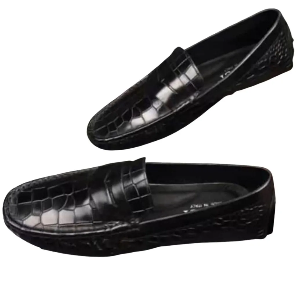 Black Texture Square Toe Leather Loafers Shoes For Men