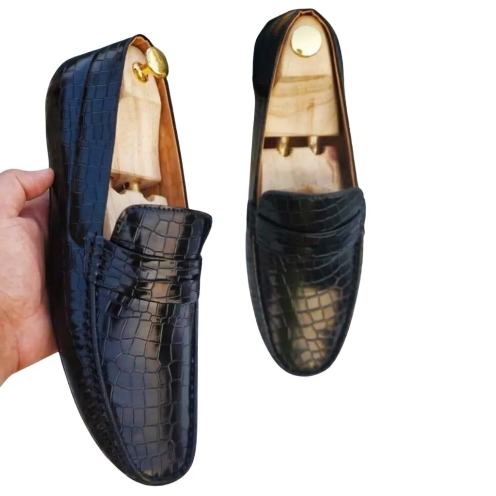 Black Texture Square Toe Leather Loafers Shoes For Men