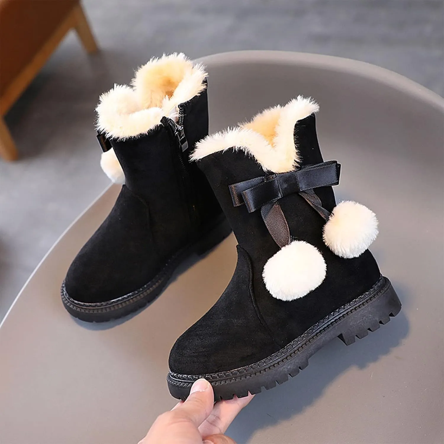 Boys Fr Lined Boots Toddler Baby Girls Winter Warm Furry Plush Snow Booties Cozy Slip On With Zipper Flat Shoes