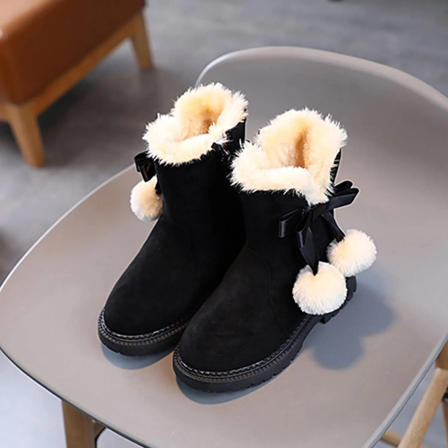 Boys Fr Lined Boots Toddler Baby Girls Winter Warm Furry Plush Snow Booties Cozy Slip On With Zipper Flat Shoes