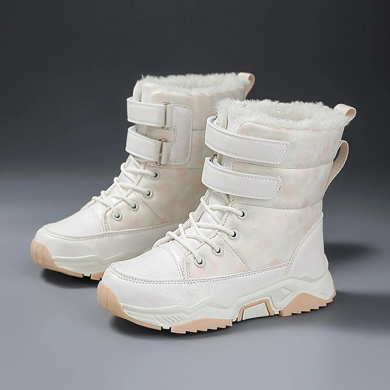 Boys Girls Snow Boots Wterproof Warm Anti-Slip Mid Calf Faux Fur Lined Insulated Winter Shoes for Little/Big Kids