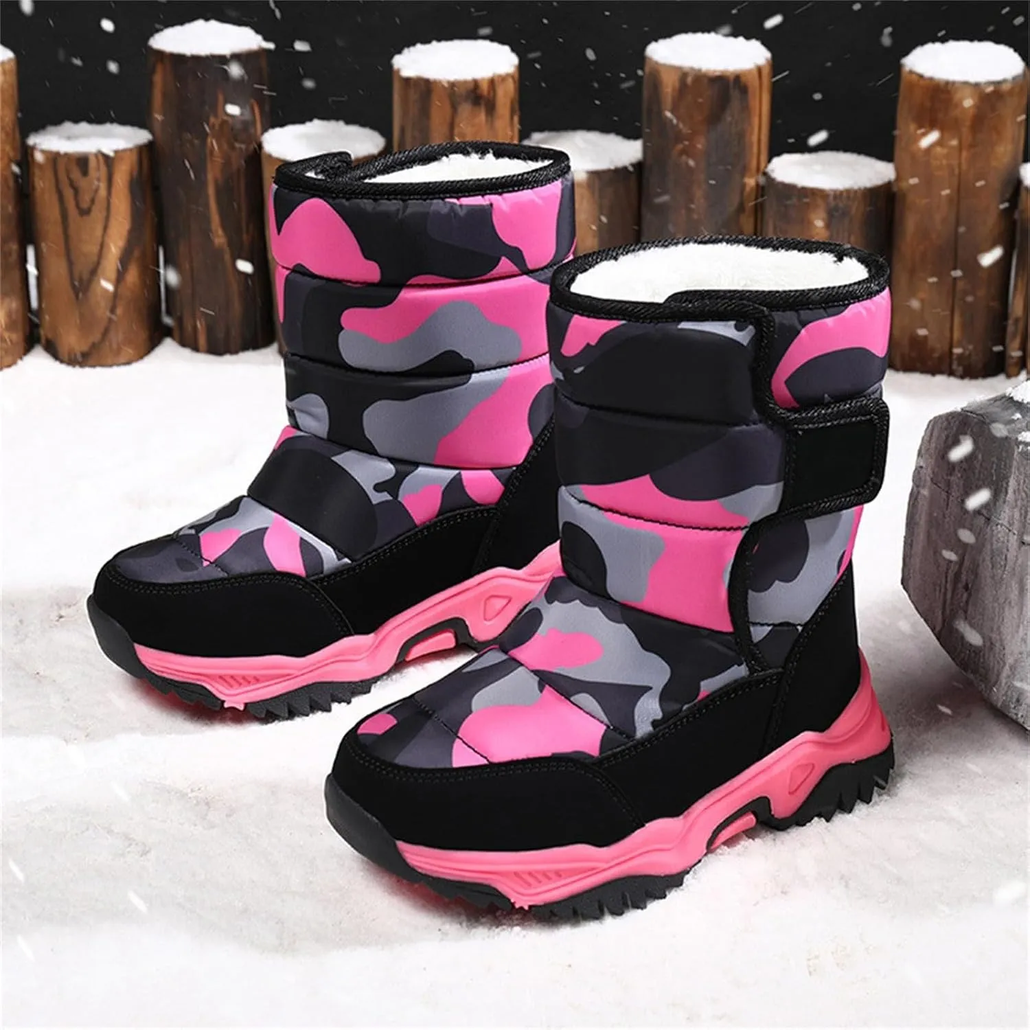 Camouflage Thickened Warm Cotton Boots for Kids Unisex Mid Calf Non Slip Faux  Lined Cozy Winter Snow Shoes