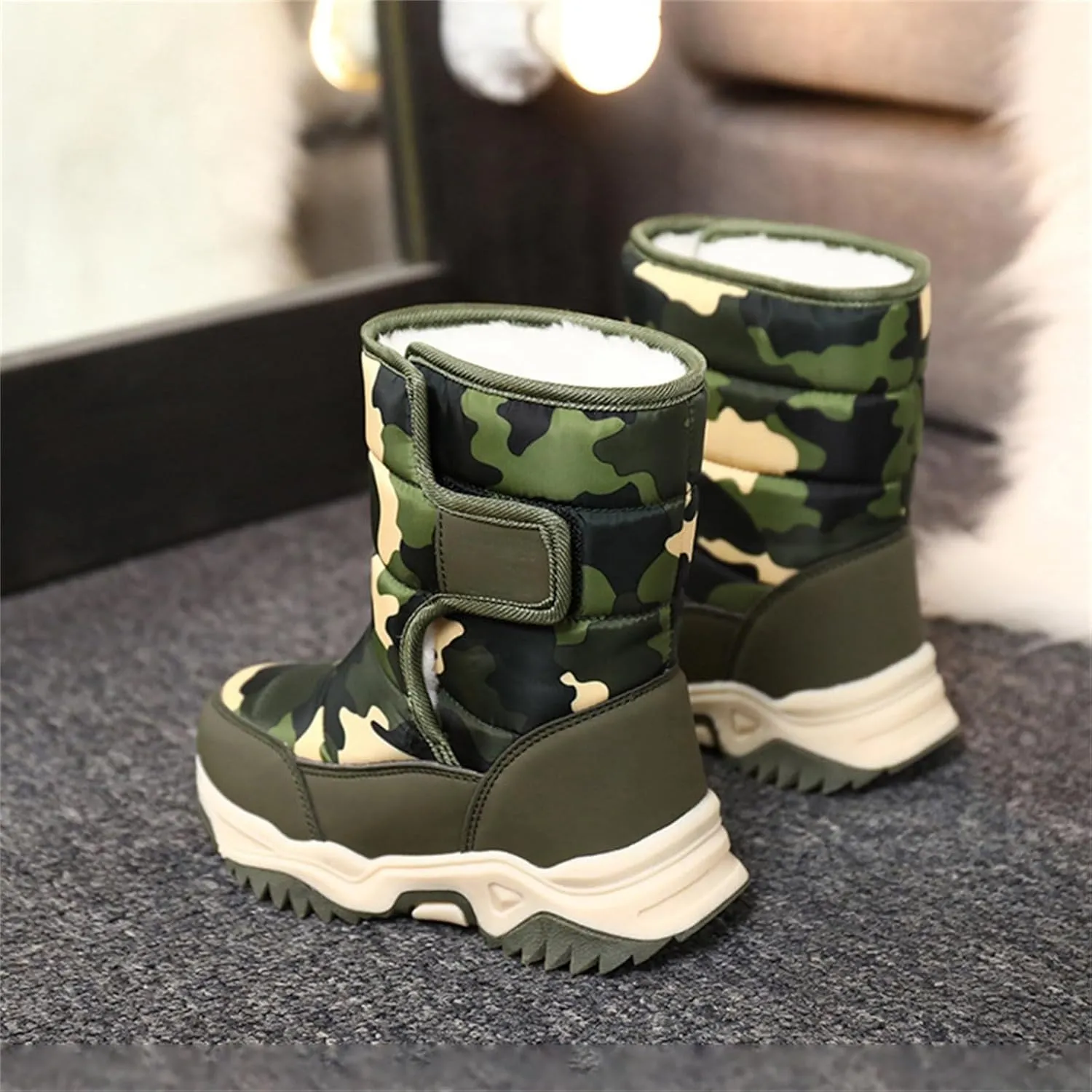 Camouflage Thickened Warm Cotton Boots for Kids Unisex Mid Calf Non Slip Faux  Lined Cozy Winter Snow Shoes
