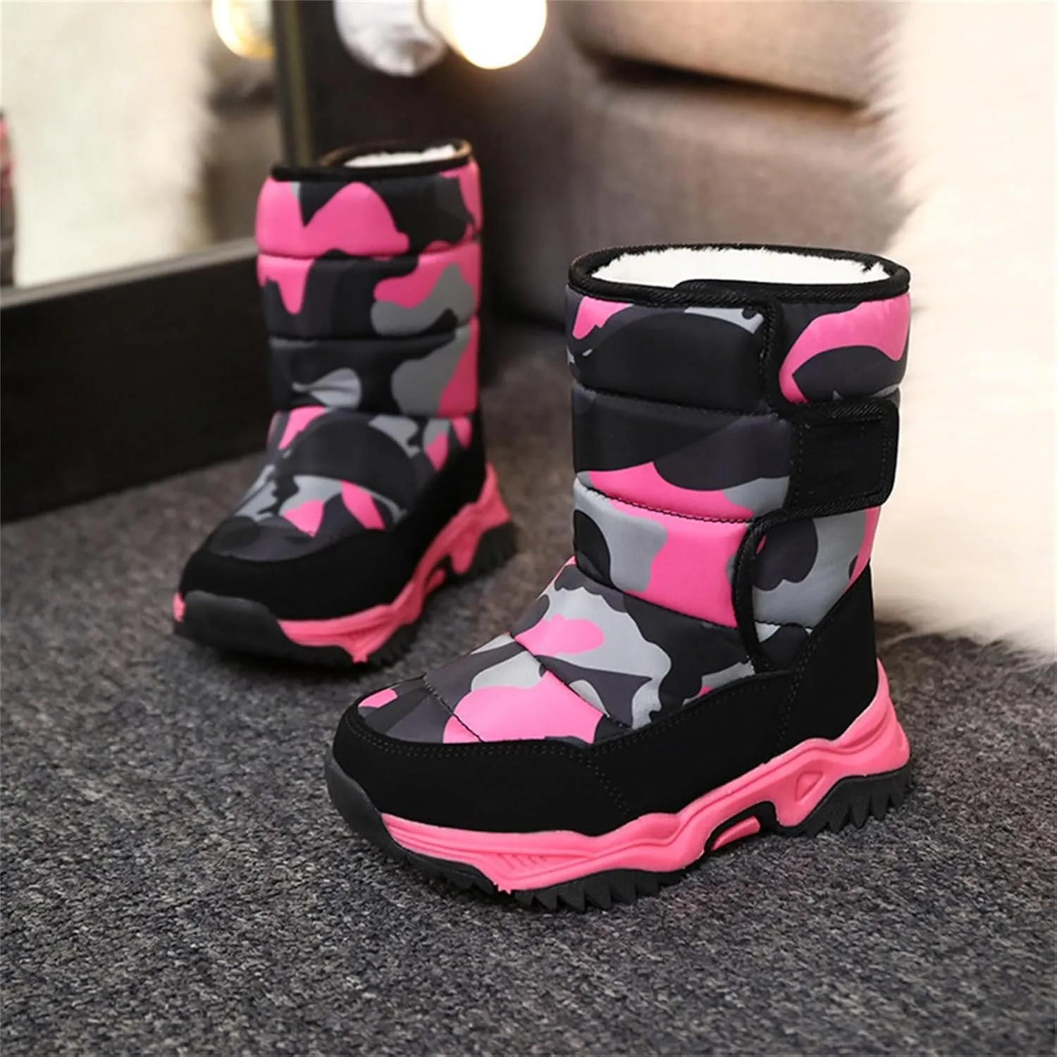 Camouflage Thickened Warm Cotton Boots for Kids Unisex Mid Calf Non Slip Faux  Lined Cozy Winter Snow Shoes