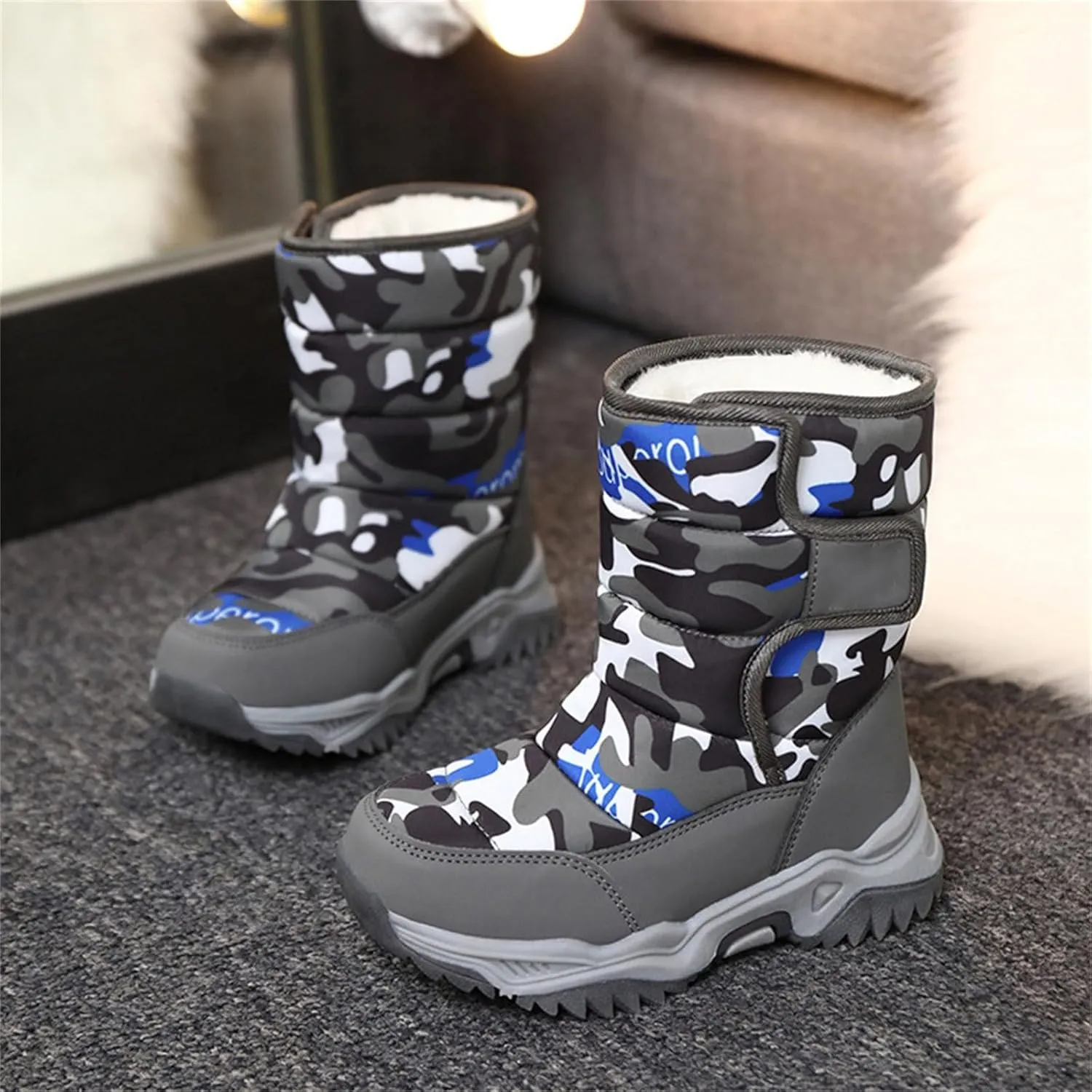 Camouflage Thickened Warm Cotton Boots for Kids Unisex Mid Calf Non Slip Faux  Lined Cozy Winter Snow Shoes