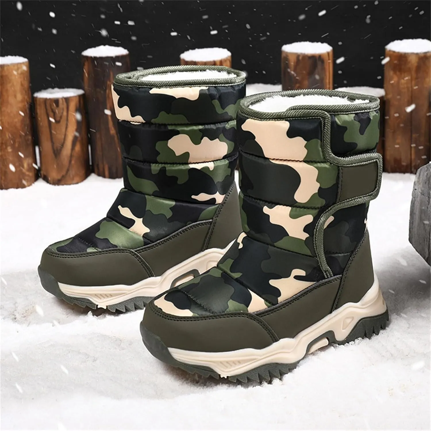Camouflage Thickened Warm Cotton Boots for Kids Unisex Mid Calf Non Slip Faux  Lined Cozy Winter Snow Shoes