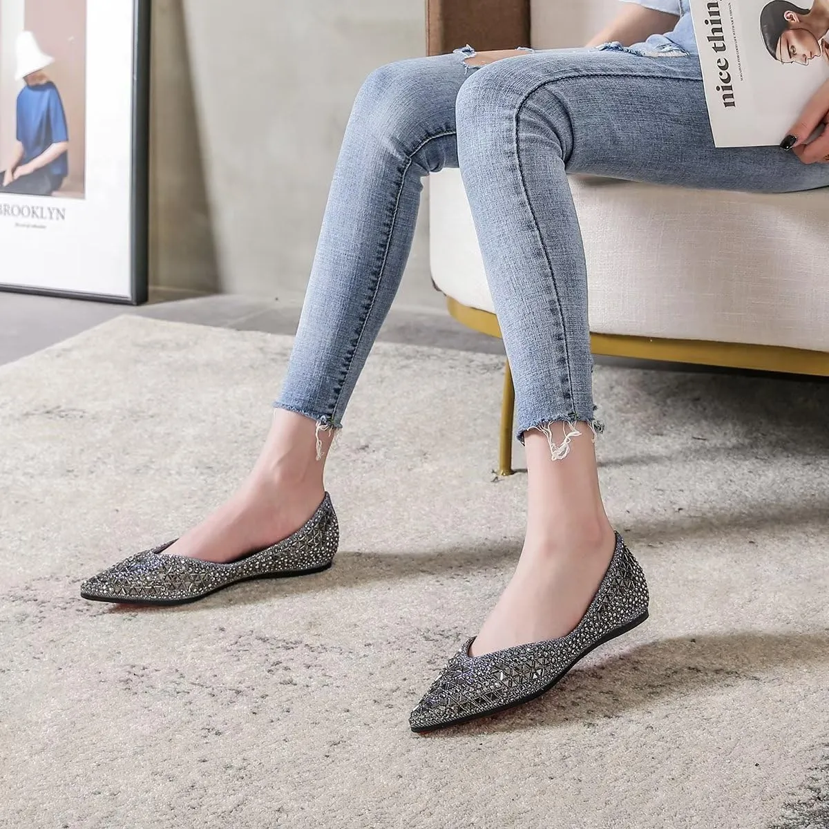 ChaiRong Zhou Women's Pointed Toe Ballet Flats Rhinestones Rivet-Studded Slip-ons Chic Dress Shoes