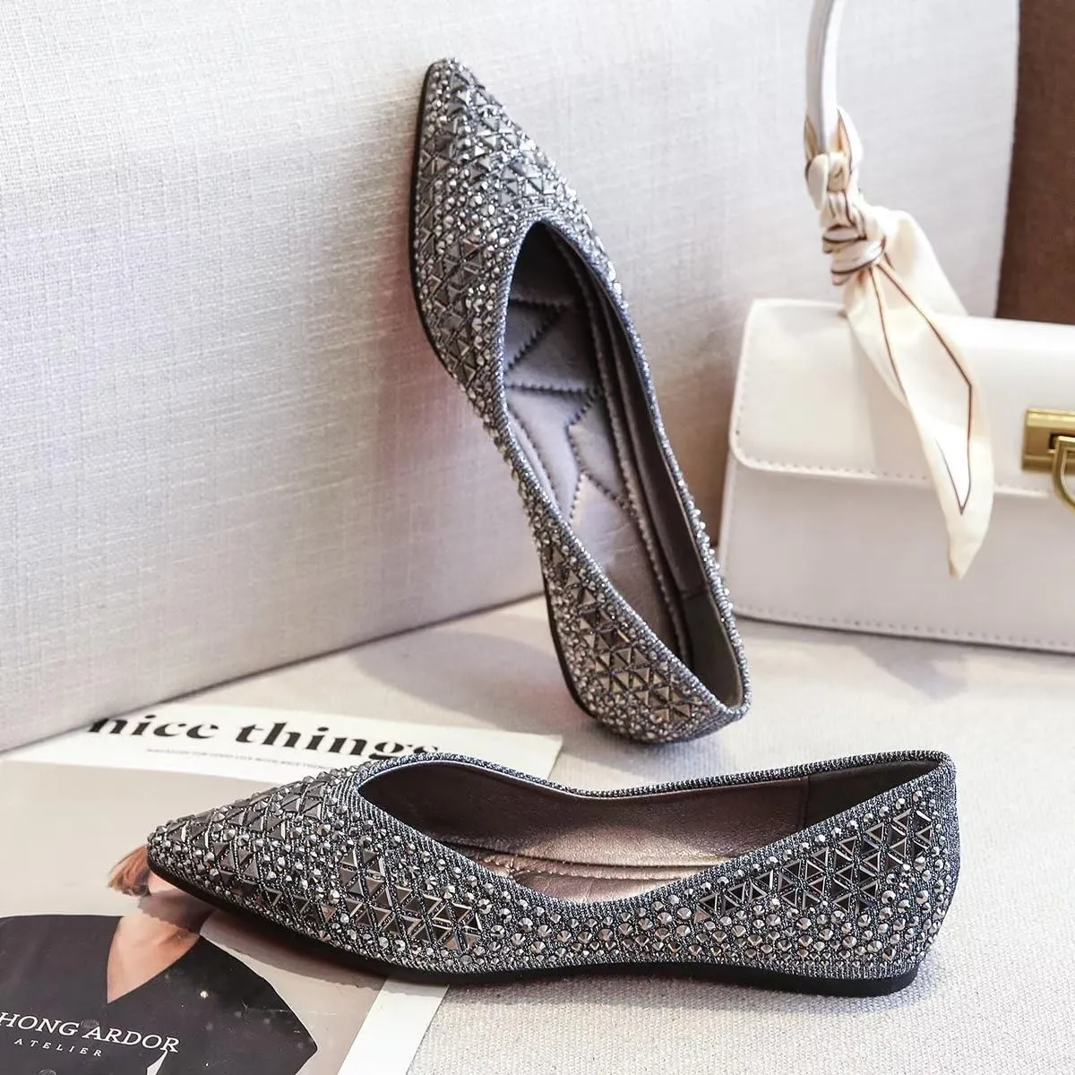 ChaiRong Zhou Women's Pointed Toe Ballet Flats Rhinestones Rivet-Studded Slip-ons Chic Dress Shoes