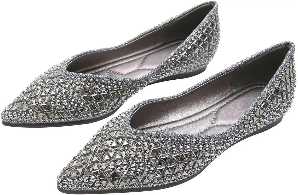 ChaiRong Zhou Women's Pointed Toe Ballet Flats Rhinestones Rivet-Studded Slip-ons Chic Dress Shoes