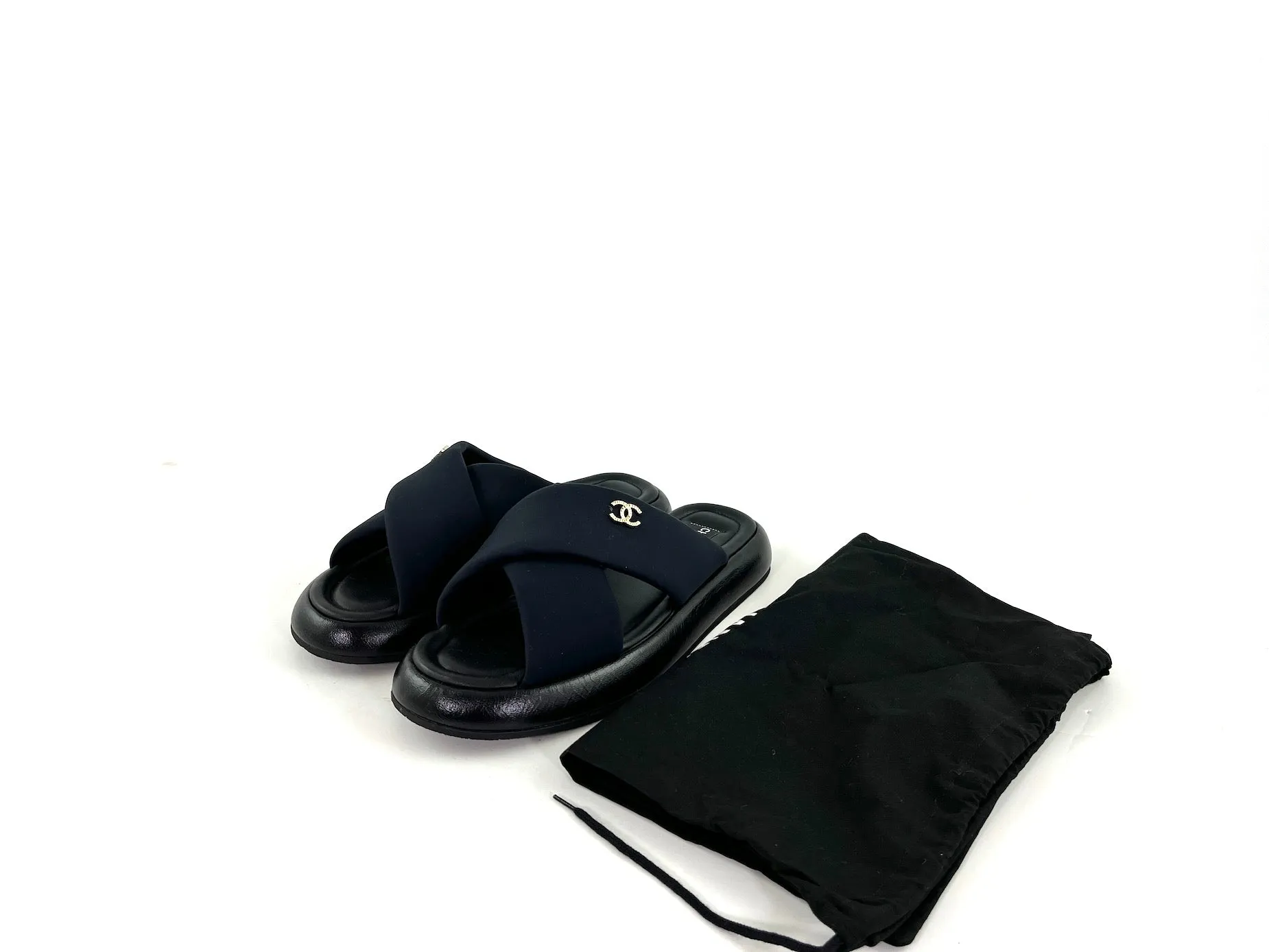 CHANEL Puffy 2022 Criss Cross Black Slide Sandals 41 10