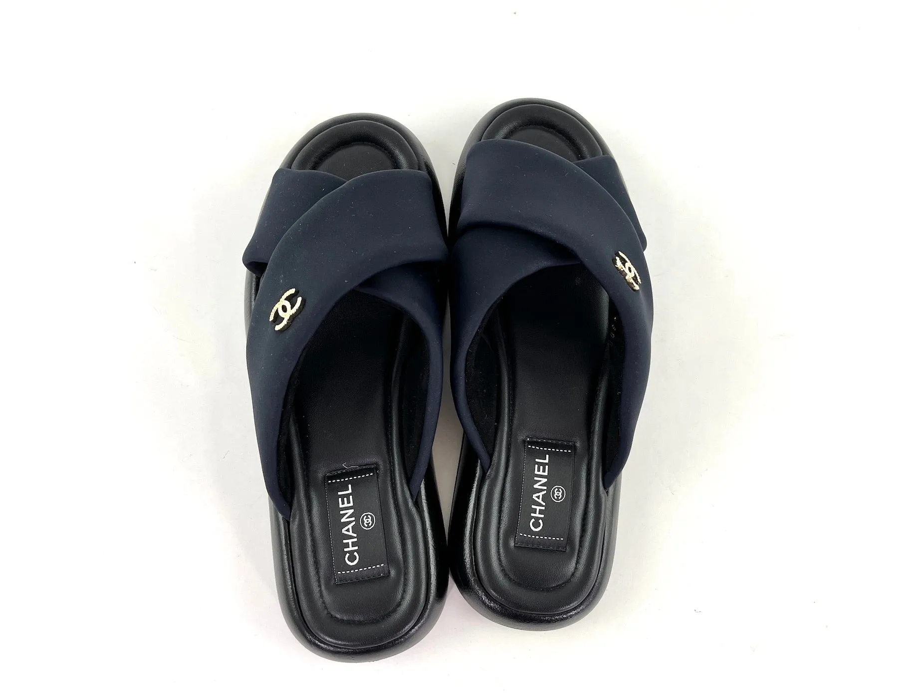 CHANEL Puffy 2022 Criss Cross Black Slide Sandals 41 10