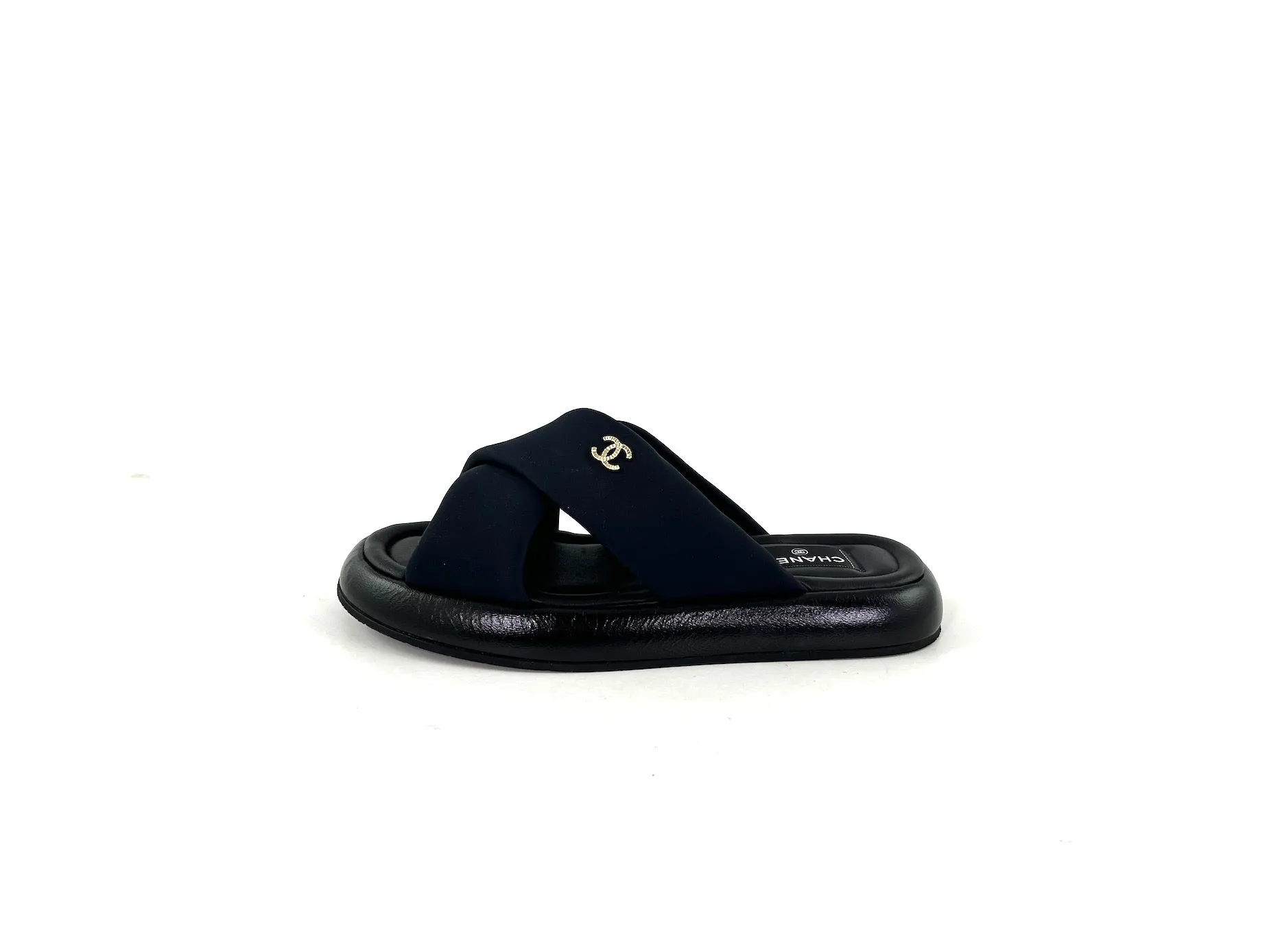 CHANEL Puffy 2022 Criss Cross Black Slide Sandals 41 10