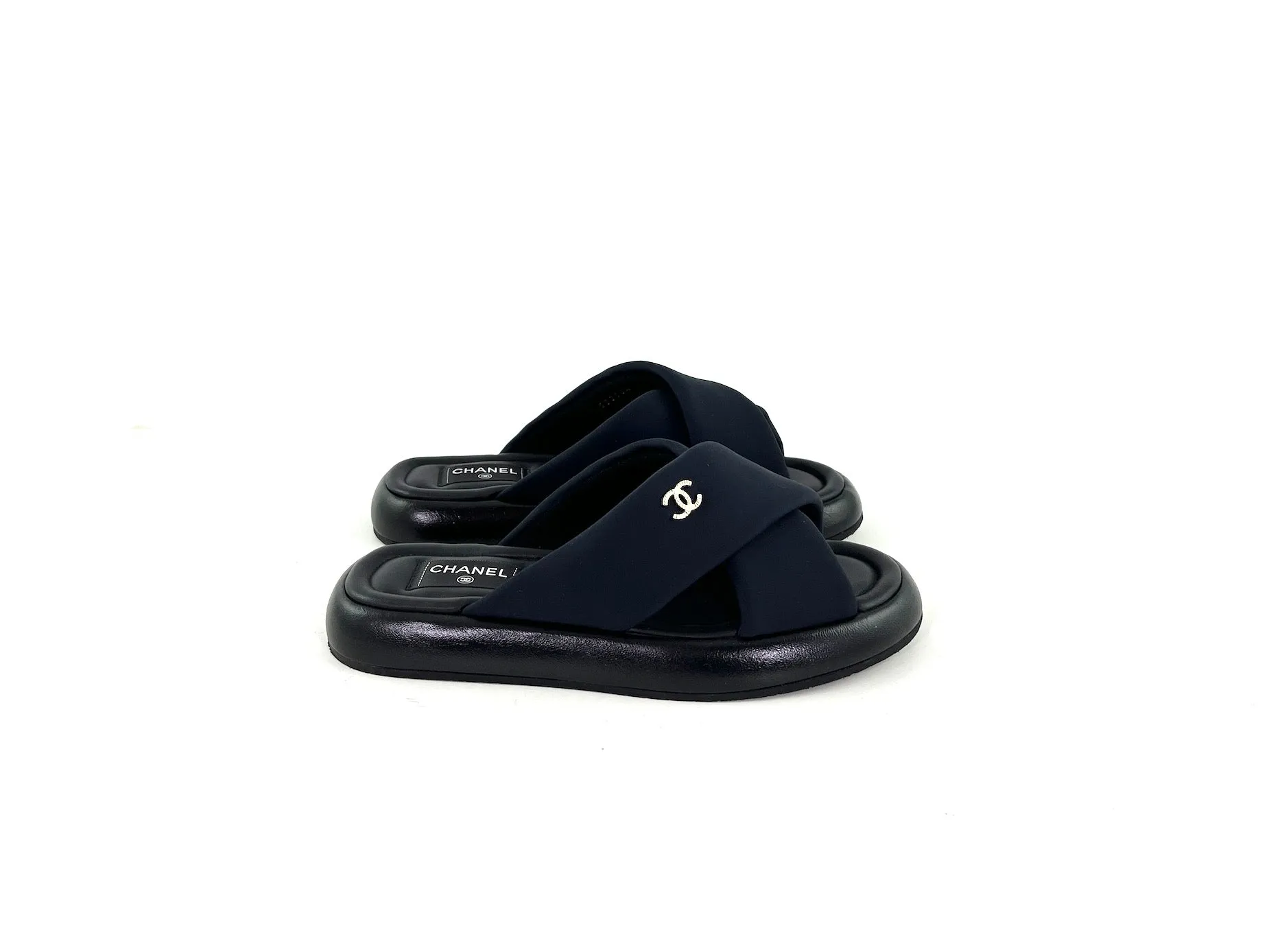CHANEL Puffy 2022 Criss Cross Black Slide Sandals 41 10