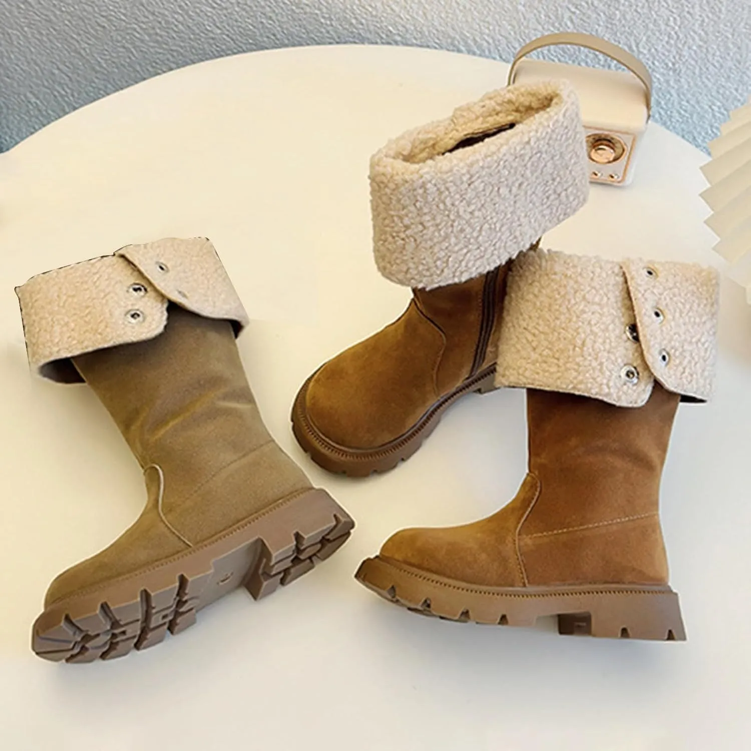 Chunky Heel Fleece Winter Boots for Girls Warm Comfortable Suede Snow Boots Fr Lined Mid Calf Boots Toddler Boot Girls