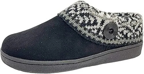 Clarks Suede Leather Knitted Collar Clog Plush Faux Fur Slipper Black/Grey Multi