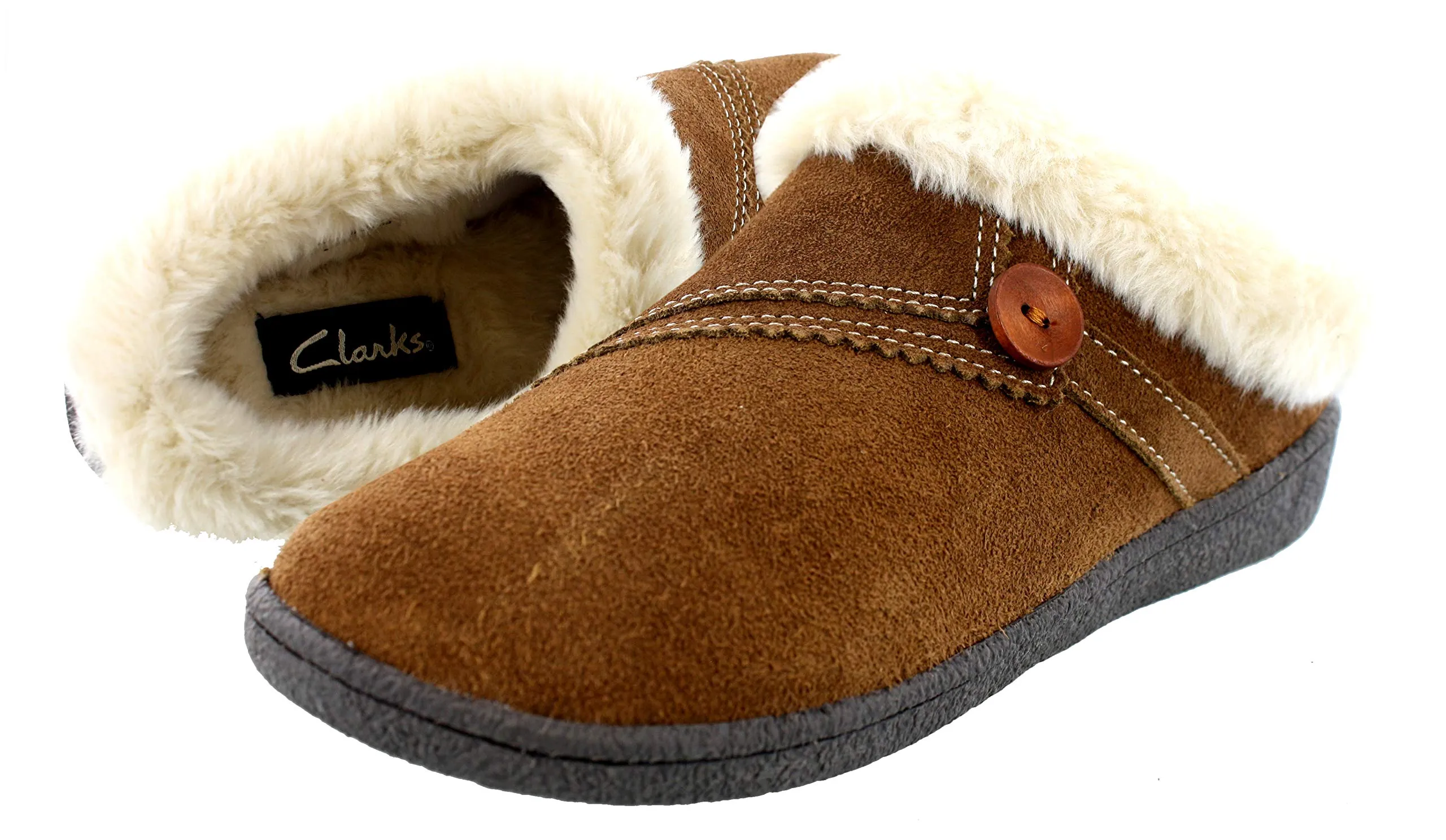 Clarks Womens Slipper Suede Leather Knitted Collar Clog Button Overlay Clogs