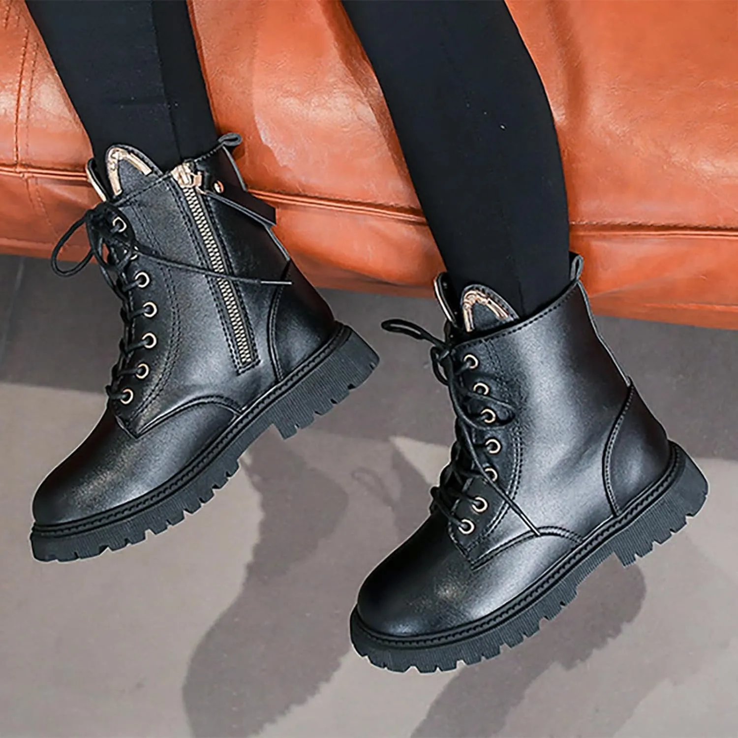 Combat Ankle Boots Kids Girls Chunky Low Block Heel Dress Booties Side Zipper Combat Shoes Snow Boots