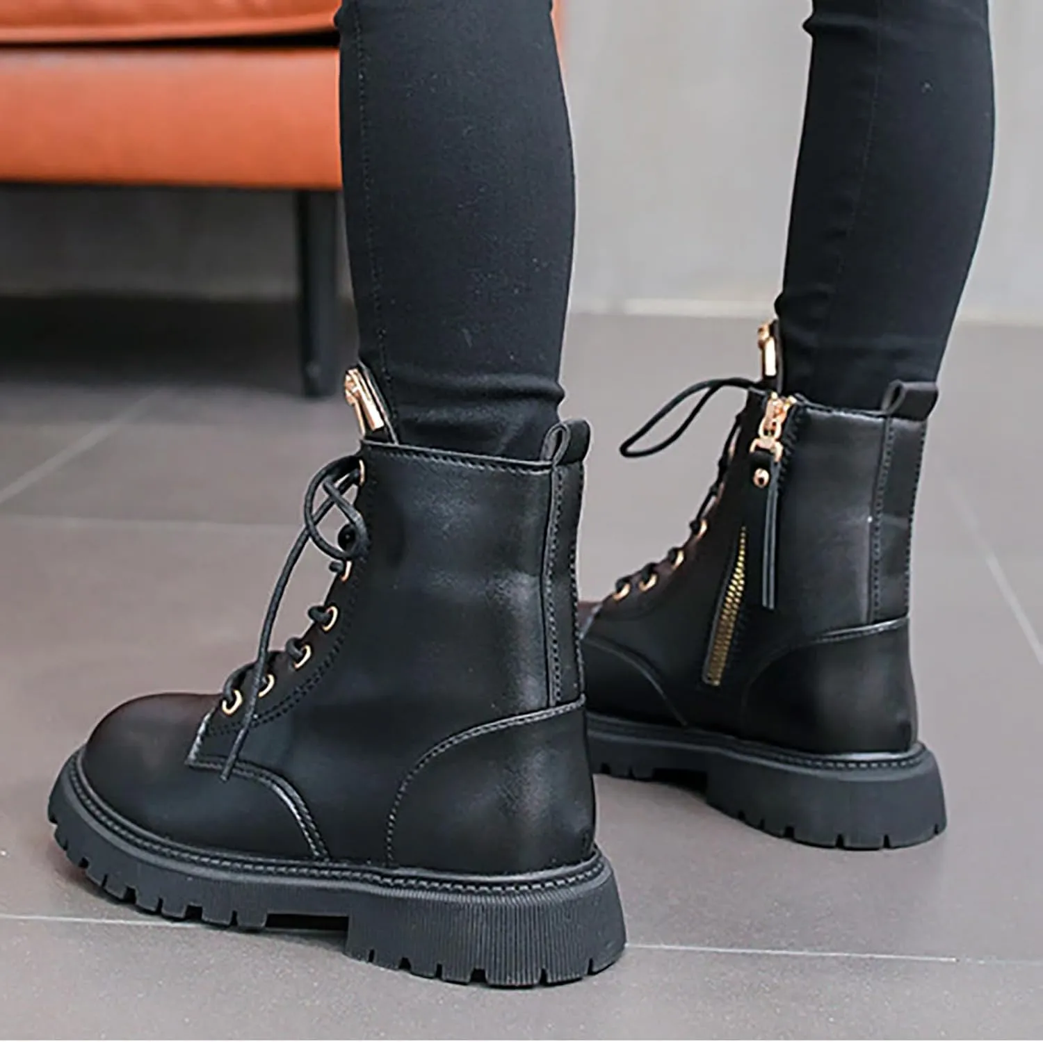Combat Ankle Boots Kids Girls Chunky Low Block Heel Dress Booties Side Zipper Combat Shoes Snow Boots