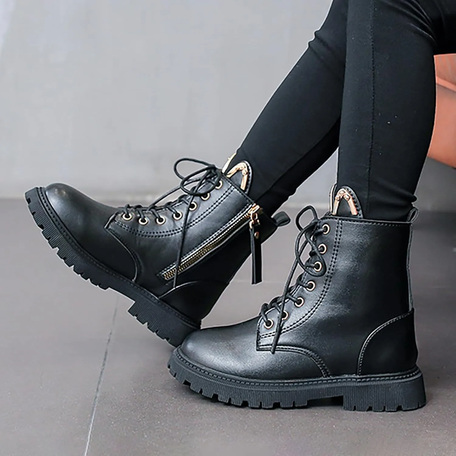 Combat Ankle Boots Kids Girls Chunky Low Block Heel Dress Booties Side Zipper Combat Shoes Snow Boots