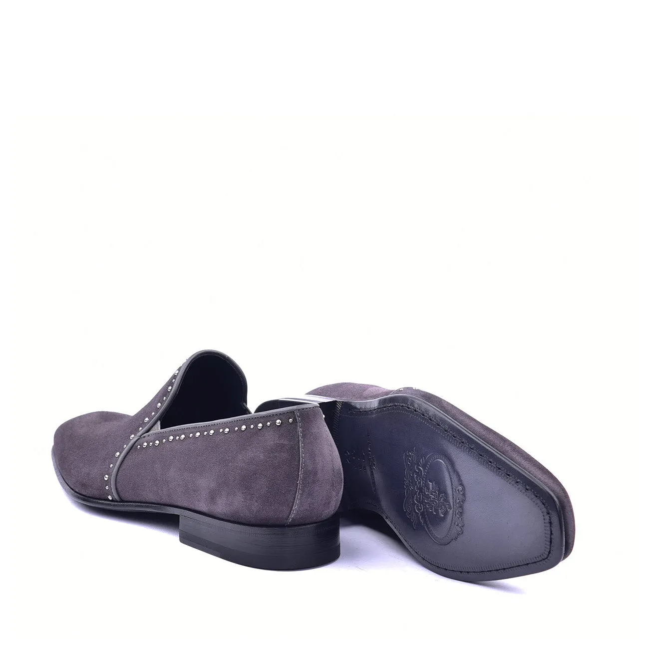 Corrente C042 4981S Men's Shoes Grey Plain Suede / Calf Skin Leather with Studs Loafers (CRT1368)