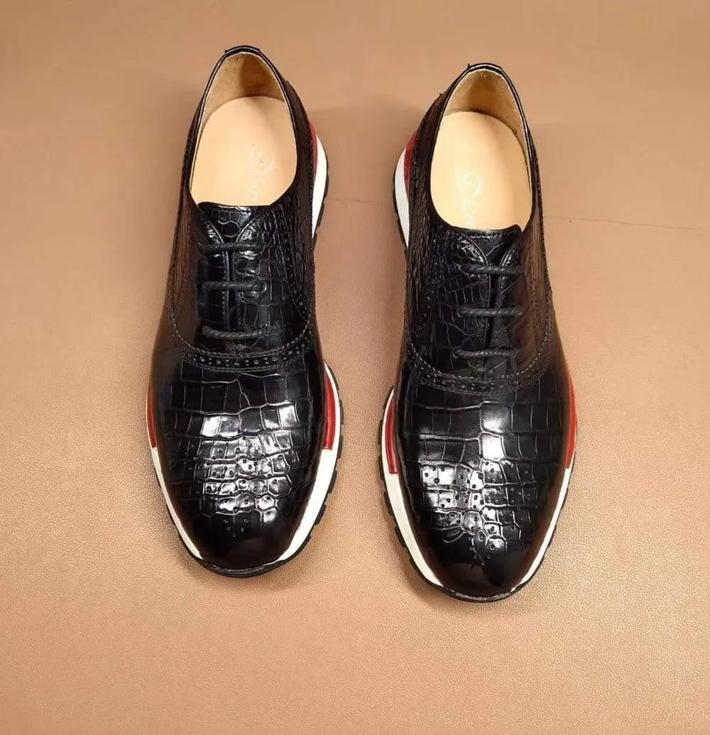 Crocodile Shoes Fashion Men's Sidework Low-Top Casual Sneakers  In Black Crocodile Leather