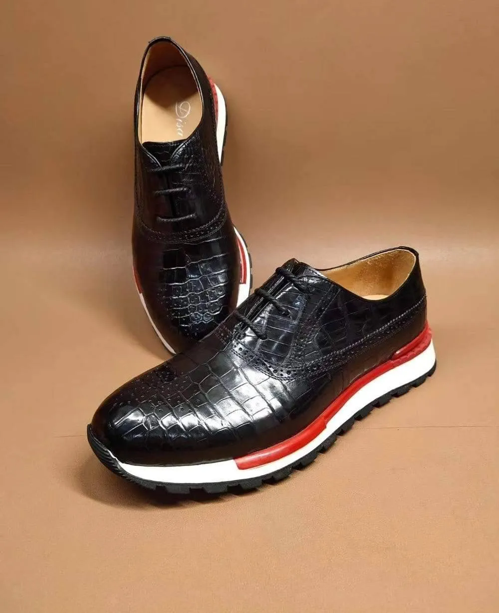 Crocodile Shoes Fashion Men's Sidework Low-Top Casual Sneakers  In Black Crocodile Leather