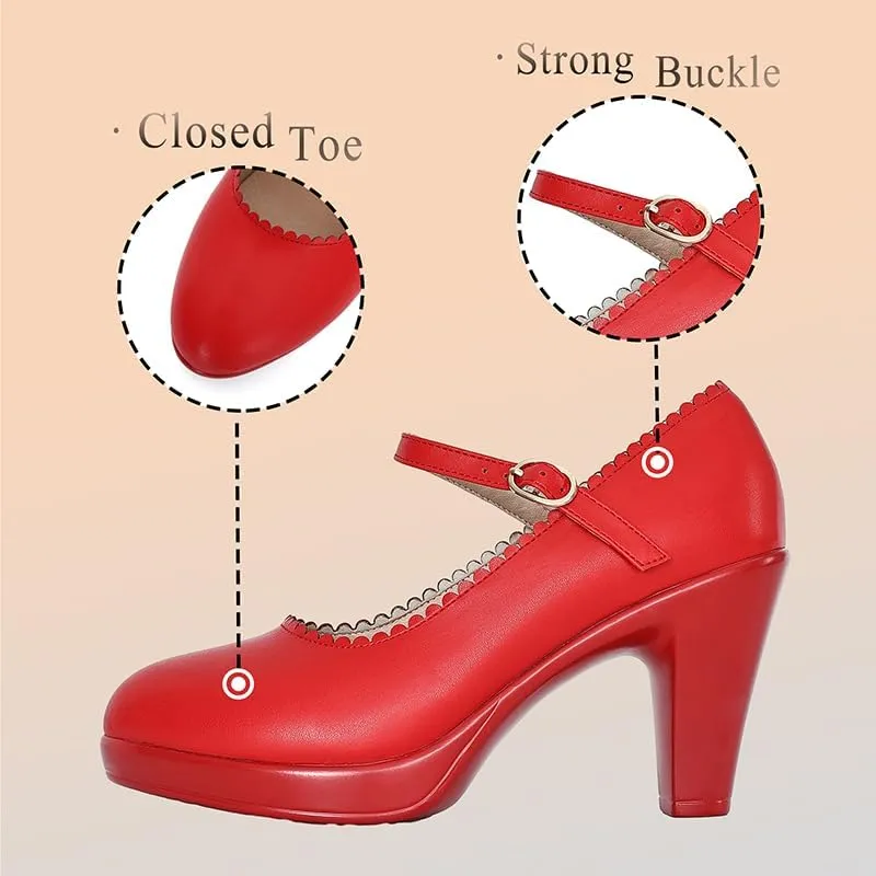 CYBLING Women's Mary Jane High Heels Shoes Ladies Pointed Closed Toe Ankle Strap Dress Pumps