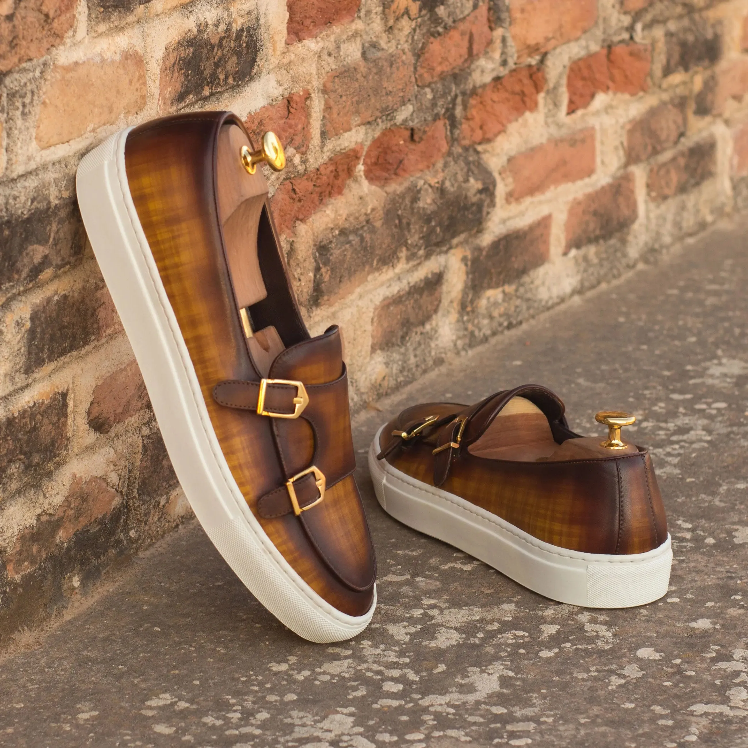 DapperFam Riviera in Cognac Men's Hand-Painted Italian Leather Monk Sneaker