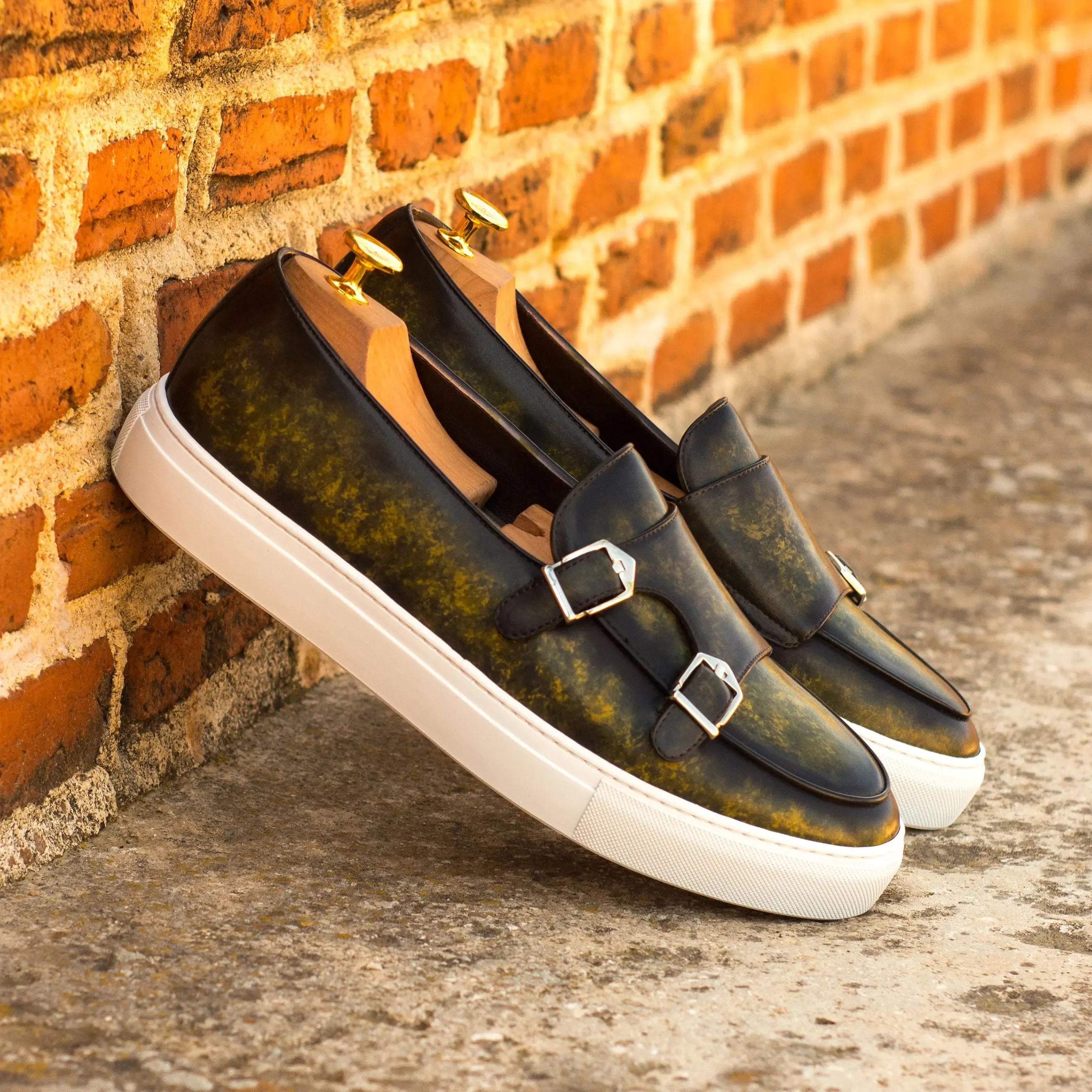 DapperFam Riviera in Khaki Men's Italian Leather Monk Sneaker