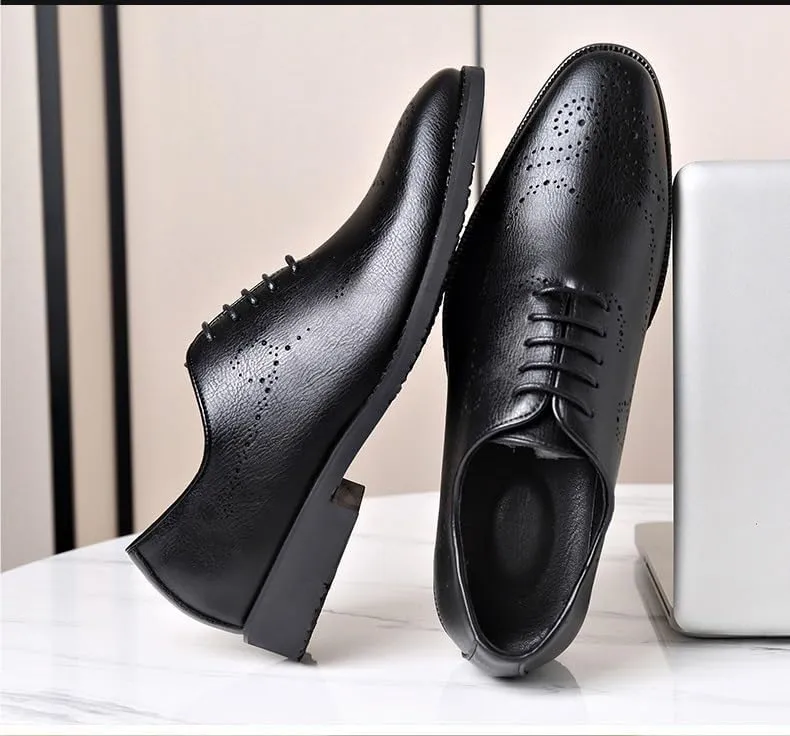 Dress Oxford Formal Shoes for Men Lace Up Round Burnished Toe Brogues Leather Oxford Shoes Slip Resistant Block Heel Non Slip Anti-Slip Business(Black,7.5)