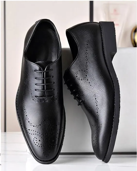 Dress Oxford Formal Shoes for Men Lace Up Round Burnished Toe Brogues Leather Oxford Shoes Slip Resistant Block Heel Non Slip Anti-Slip Business(Black,7.5)