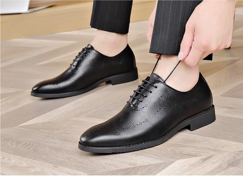 Dress Oxford Formal Shoes for Men Lace Up Round Burnished Toe Brogues Leather Oxford Shoes Slip Resistant Block Heel Non Slip Anti-Slip Business(Black,7.5)