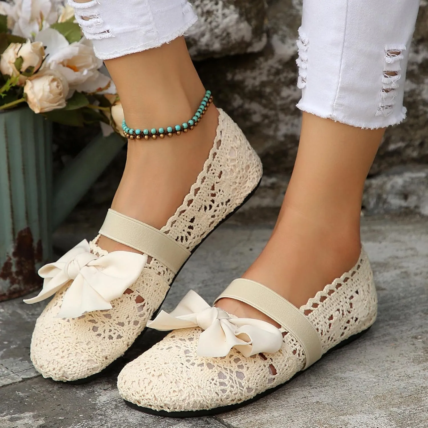 Dressy Platform Sandals Slip on Women's Flat Flower Lace Outer Wear Single Shoes Fashion Thin Sole Light Casual Shoes