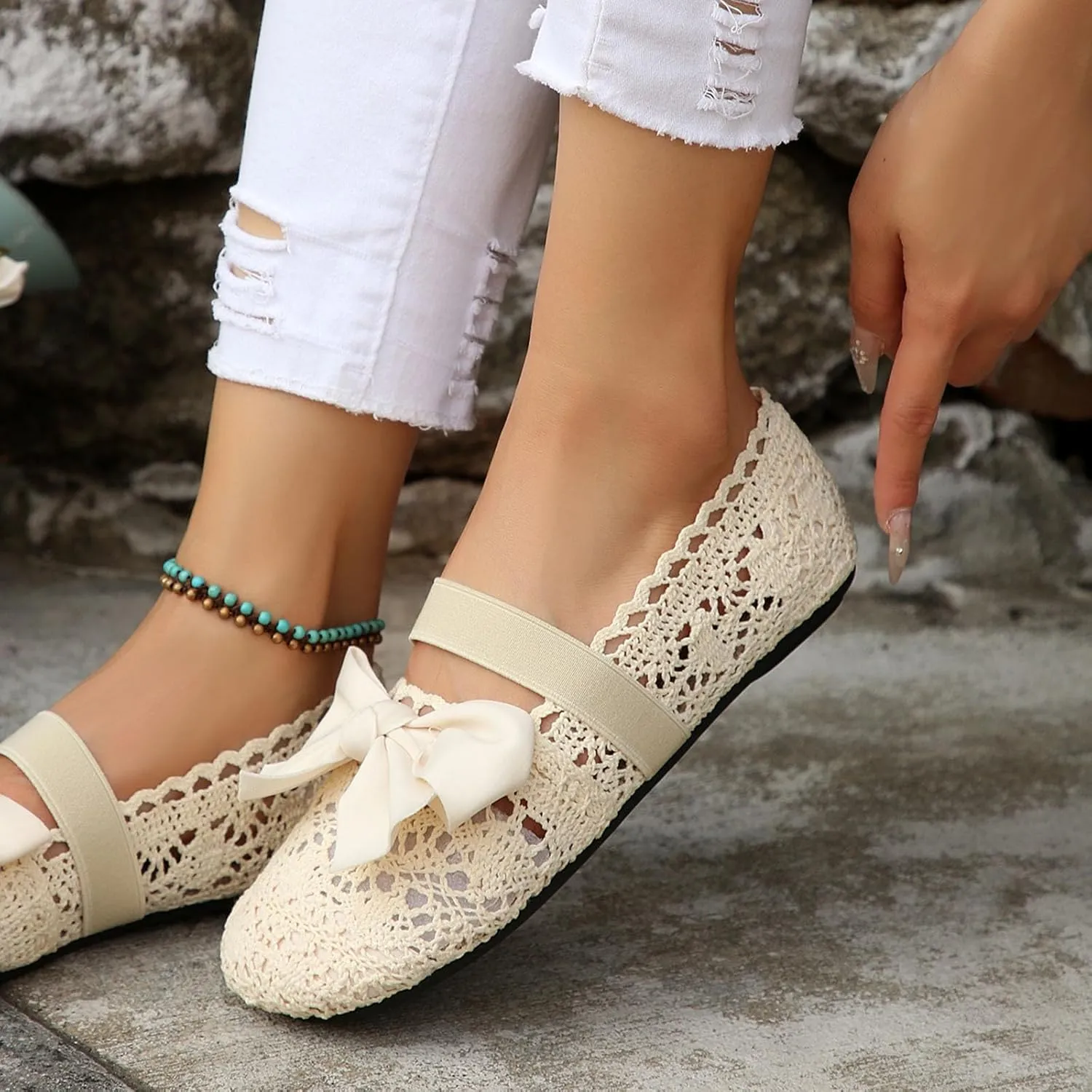Dressy Platform Sandals Slip on Women's Flat Flower Lace Outer Wear Single Shoes Fashion Thin Sole Light Casual Shoes