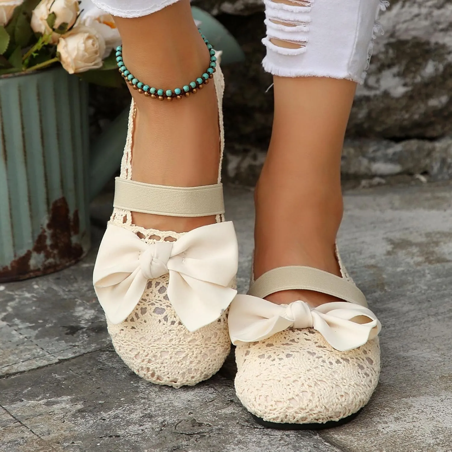 Dressy Platform Sandals Slip on Women's Flat Flower Lace Outer Wear Single Shoes Fashion Thin Sole Light Casual Shoes