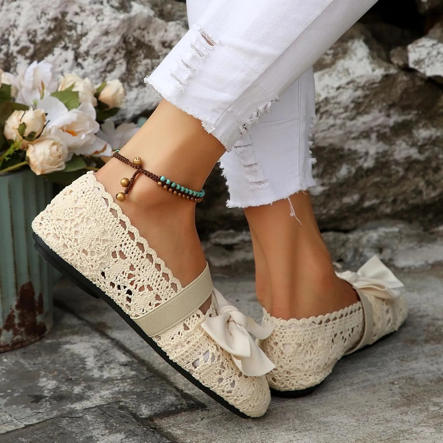 Dressy Platform Sandals Slip on Women's Flat Flower Lace Outer Wear Single Shoes Fashion Thin Sole Light Casual Shoes