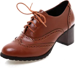 Erocalli Women's Oxford Shoes Chunky Mid-Heel Round Toe Lace Up Platform Oxfords Dress Pump Shoes Vintage Brogues Pumps Perforated Dress Shoes Saddle Oxfords