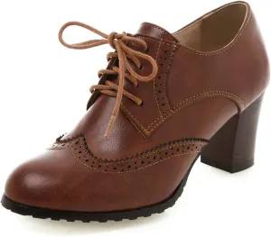 Erocalli Women's Oxford Shoes Chunky Mid-Heel Round Toe Lace Up Platform Oxfords Dress Pump Shoes Vintage Brogues Pumps Perforated Dress Shoes Saddle Oxfords