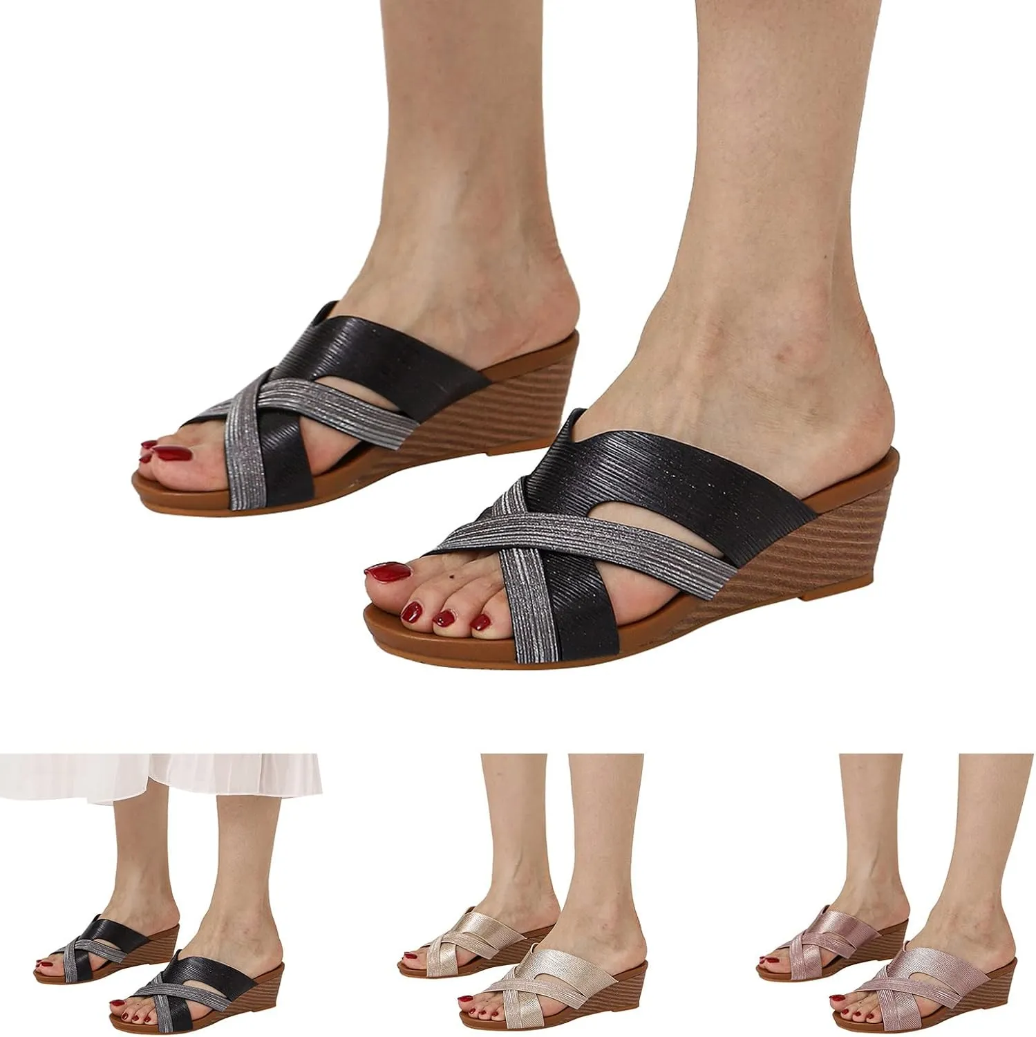 Fashion Summer Women Sandals Wedge Heel Fish Mouth And Open Toe Breathable Slip On Solid Roman Style Wedge Cork Sandals for Women