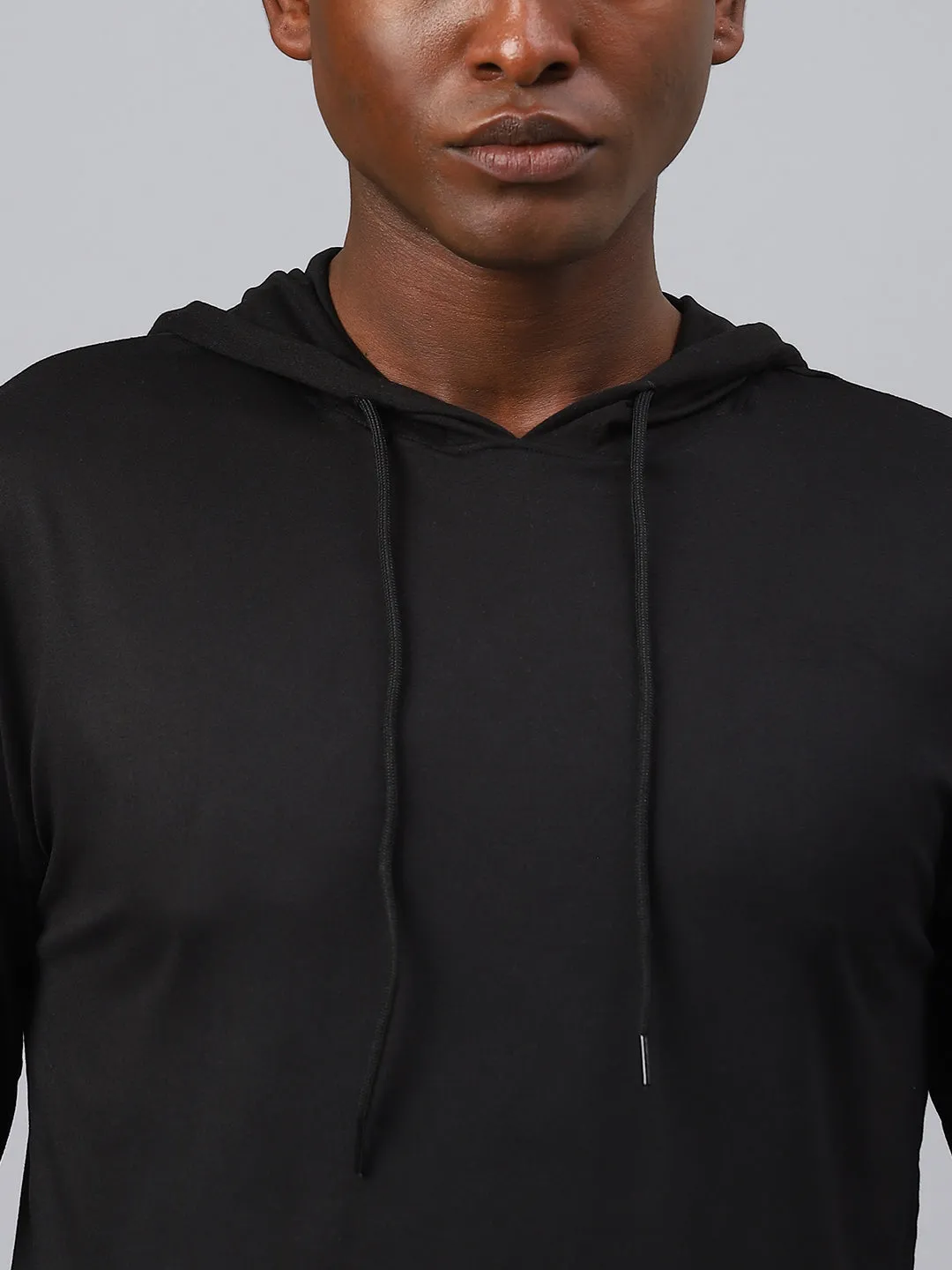 Fitkin men's black plain full sleeves hooded t-shirt