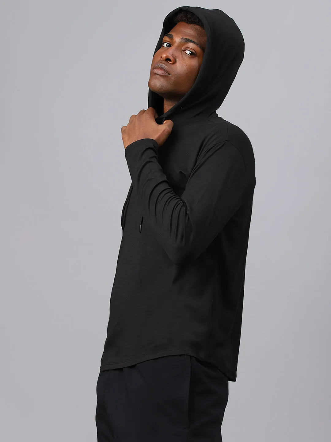 Fitkin men's black plain full sleeves hooded t-shirt