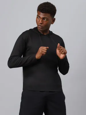 Fitkin men's black plain full sleeves hooded t-shirt